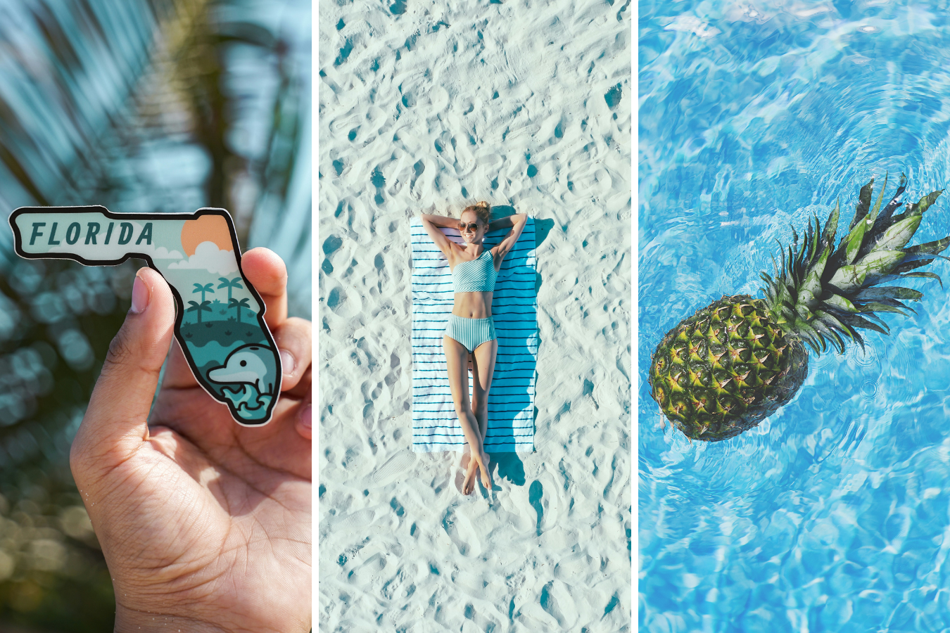 Florida vignette photo of Florida-shaped magnet, woman lying on sand, and a pineapple floating in a pool.