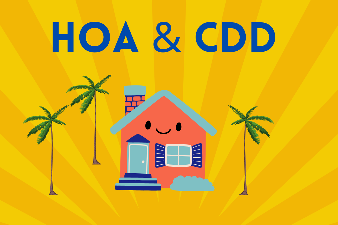 Hoa and cdd on yellow backdrop with red house and palm trees